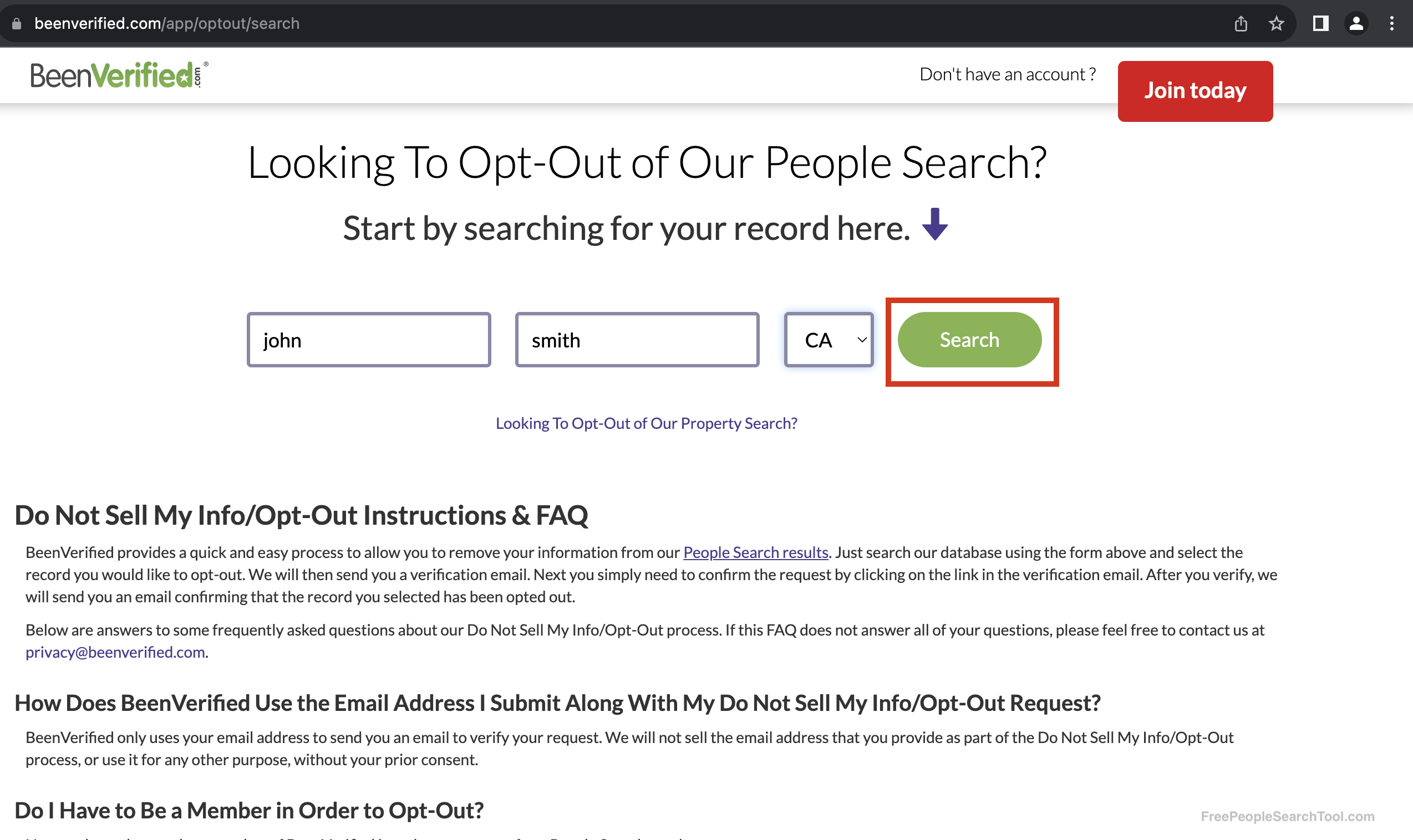 beenverified opt out page filled out