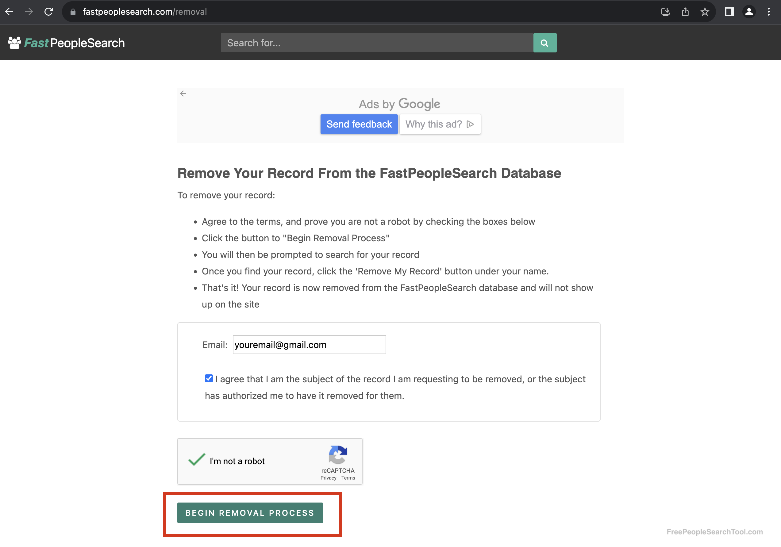 fastpeoplesearch opt out page filled out
